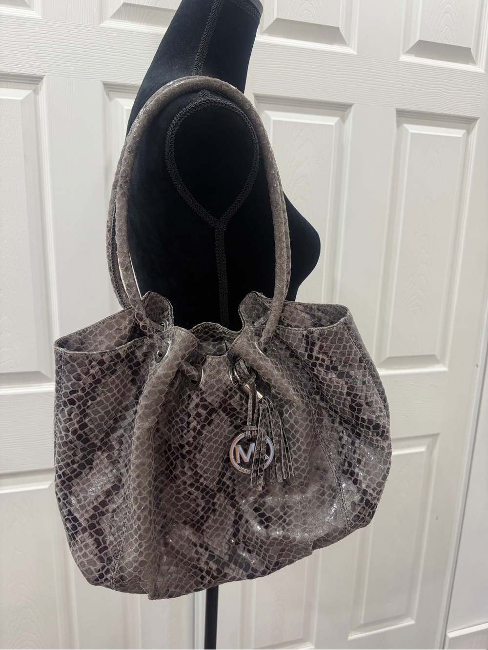 Michael Kors Gray Snake-Print Shoulder Bag